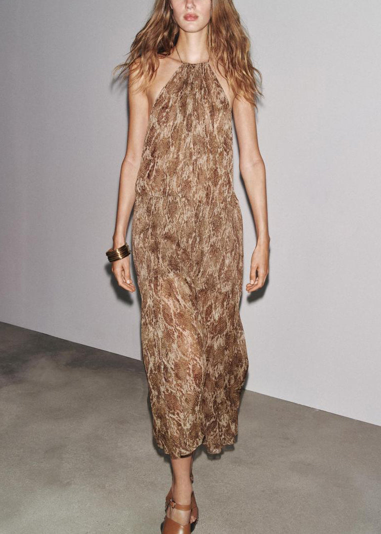 Novelty Brown Backless Print Lace Up Cotton Long Dress Sleeveless