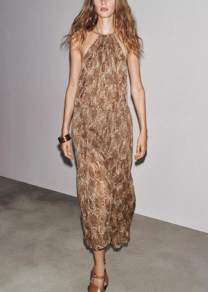 Novelty Brown Backless Print Lace Up Cotton Long Dress Sleeveless