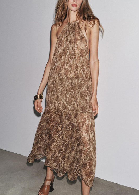 Novelty Brown Backless Print Lace Up Cotton Long Dress Sleeveless