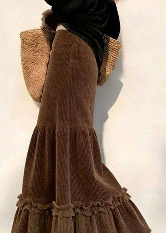Novelty Brown Ruffled Patchwork Corduroy A Line Skirt Fall