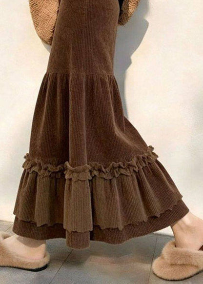 Novelty Brown Ruffled Patchwork Corduroy A Line Skirt Fall