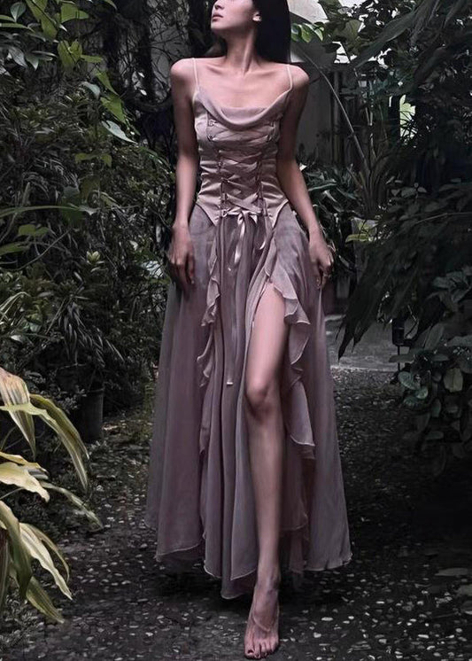 Novelty Coffee Lace Up High Waist Silk Spaghetti Strap Dress Sleeveless