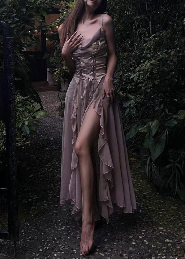 Novelty Coffee Lace Up High Waist Silk Spaghetti Strap Dress Sleeveless