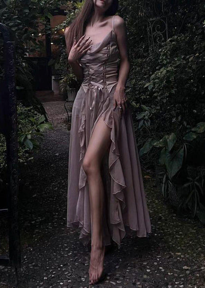 Novelty Coffee Lace Up High Waist Silk Spaghetti Strap Dress Sleeveless