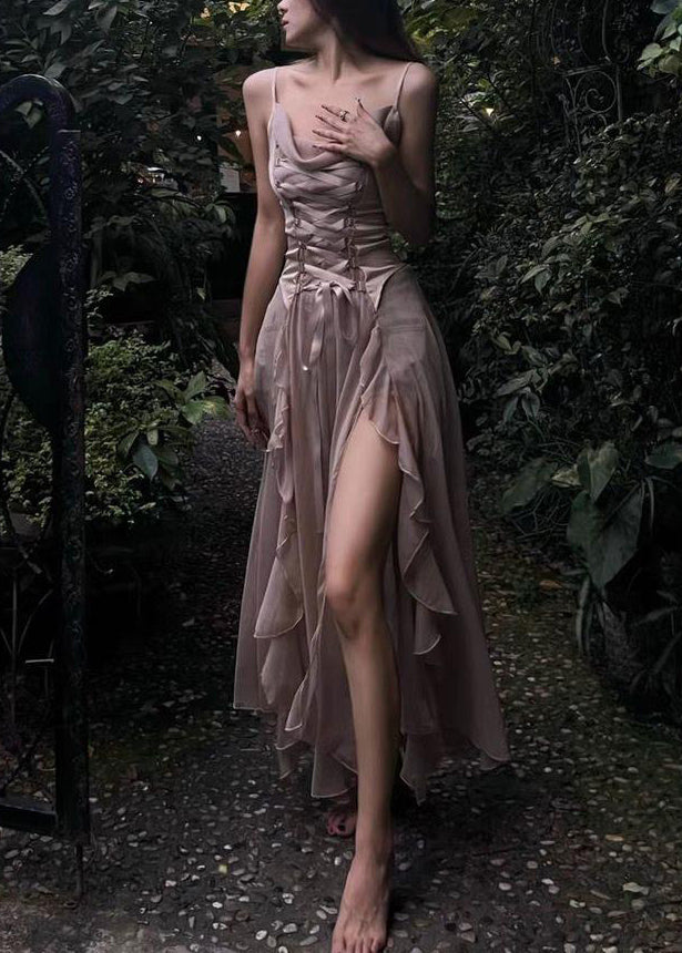 Novelty Coffee Lace Up High Waist Silk Spaghetti Strap Dress Sleeveless