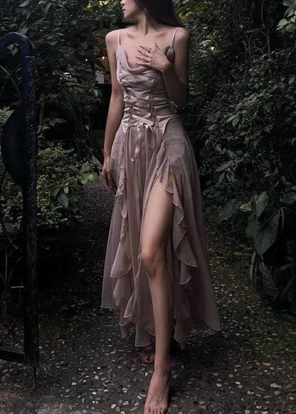 Novelty Coffee Lace Up High Waist Silk Spaghetti Strap Dress Sleeveless