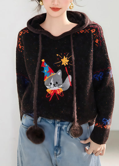 Novelty Coffee Tie Lace Print Thick Cotton Knit Hooded Sweater Spring