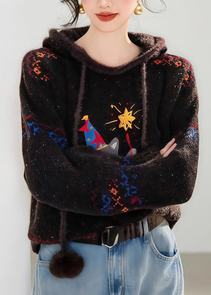 Novelty Coffee Tie Lace Print Thick Cotton Knit Hooded Sweater Spring