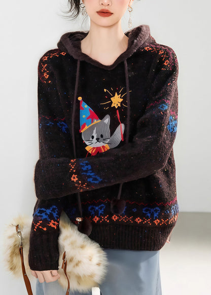 Novelty Coffee Tie Lace Print Thick Cotton Knit Hooded Sweater Spring