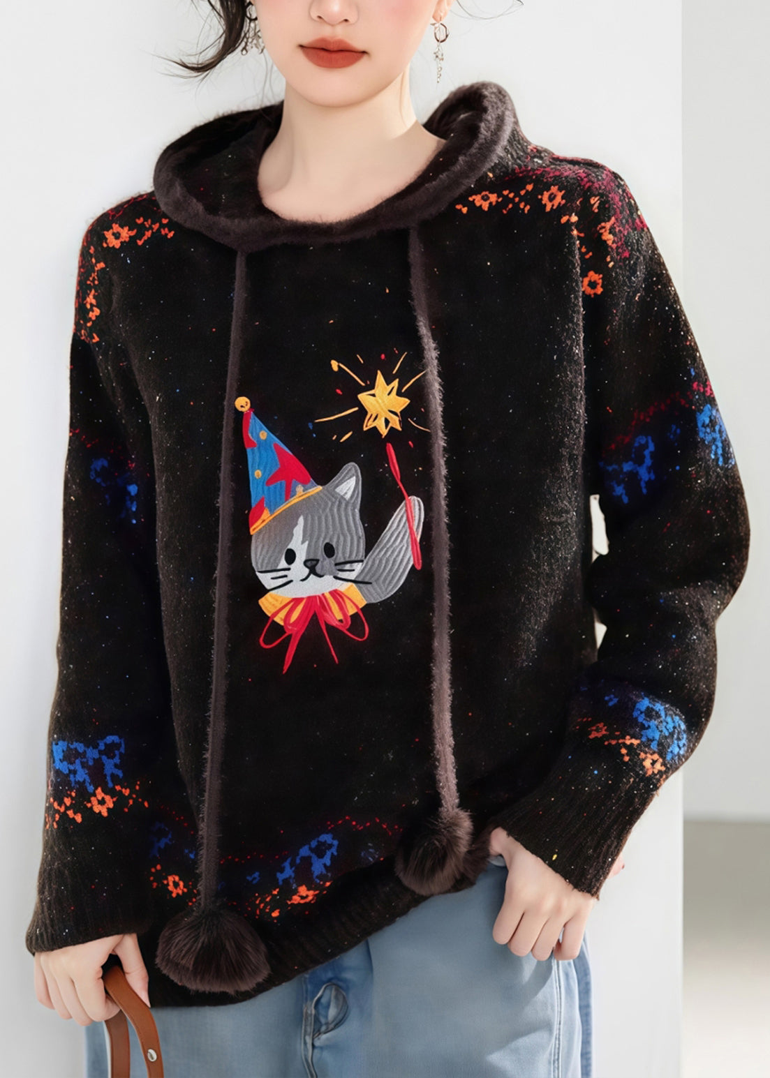 Novelty Coffee Tie Lace Print Thick Cotton Knit Hooded Sweater Spring