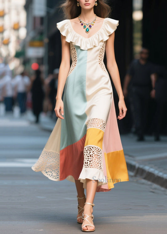 Novelty Colorblock Ruffled Patchwork Hollow Out Silk Dresses Summer