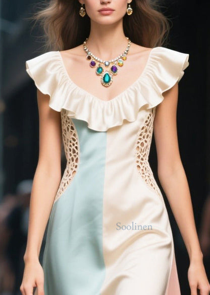 Novelty Colorblock Ruffled Patchwork Hollow Out Silk Dresses Summer