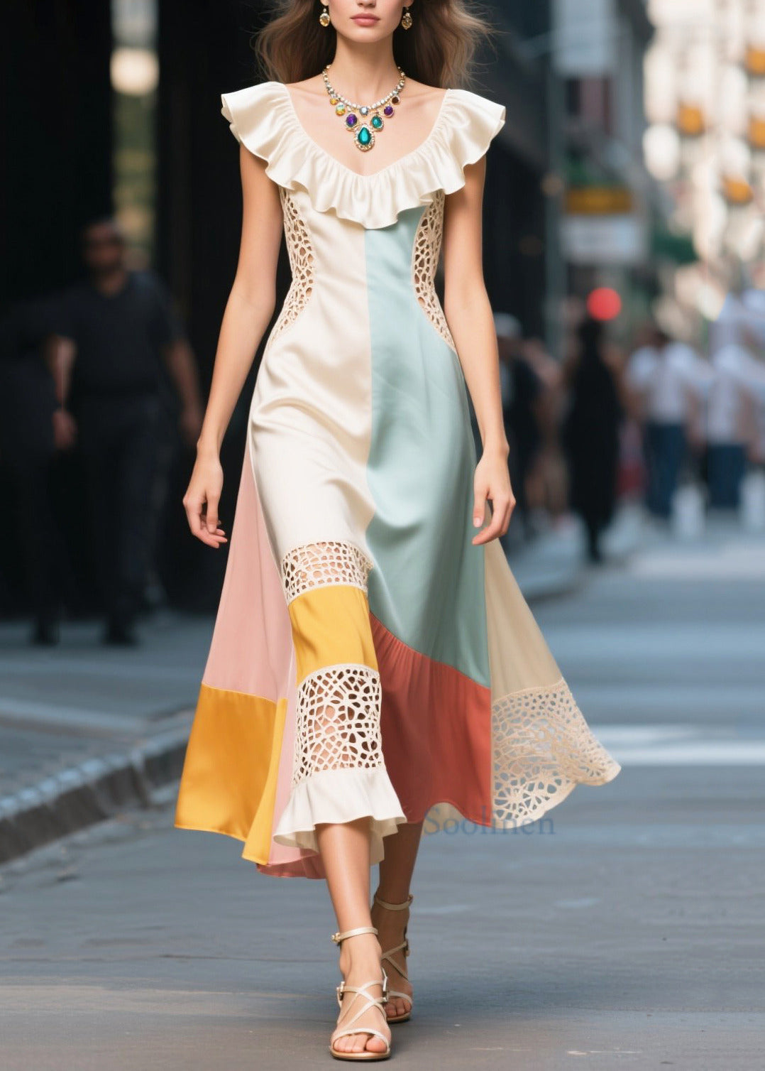 Novelty Colorblock Ruffled Patchwork Hollow Out Silk Dresses Summer