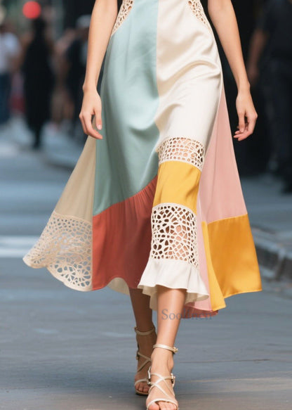 Novelty Colorblock Ruffled Patchwork Hollow Out Silk Dresses Summer