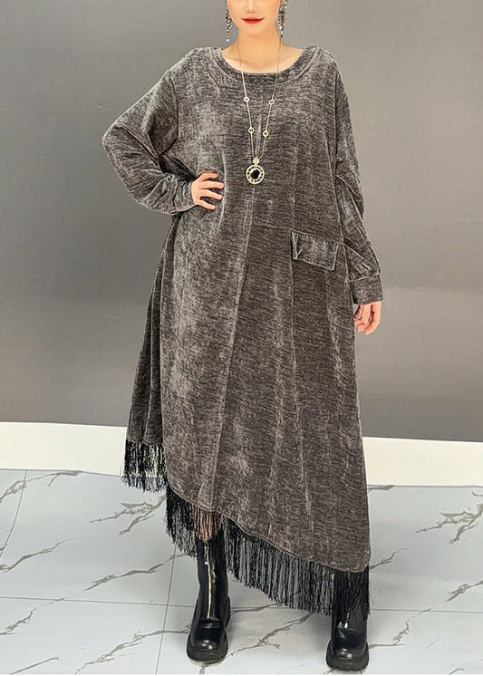 Novelty Dark Grey Asymmetrical Tassel Long Dress Spring