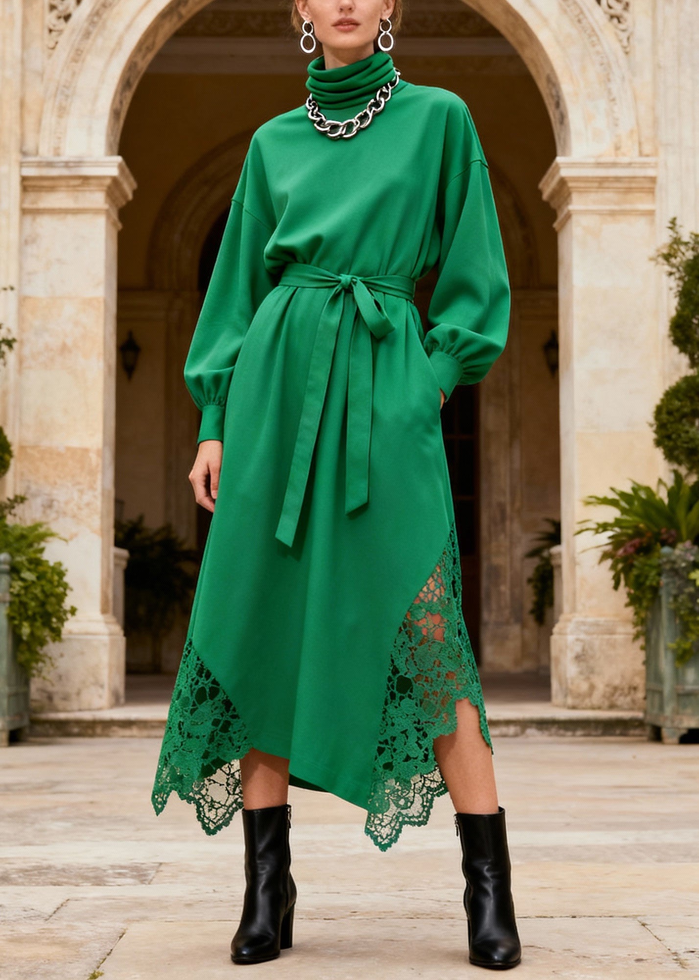 Novelty Green Turtleneck Patchwork Pockets Maxi Dresses Lantern Sleeve