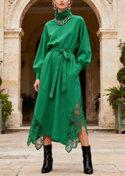 Novelty Green Turtleneck Patchwork Pockets Maxi Dresses Lantern Sleeve