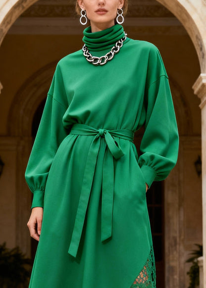 Novelty Green Turtleneck Patchwork Pockets Maxi Dresses Lantern Sleeve
