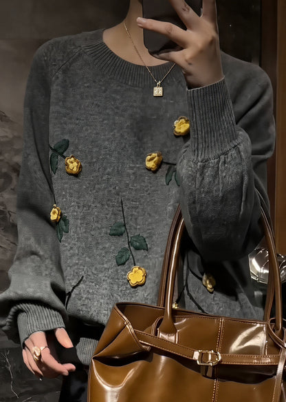 Novelty Grey O-Neck FloralCozy Cotton Knit Sweaters Spring