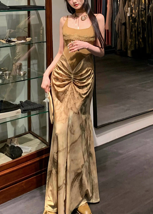 Novelty Olive Green Wrinkled Patchwork Cotton Spaghetti Strap DressSleeveless