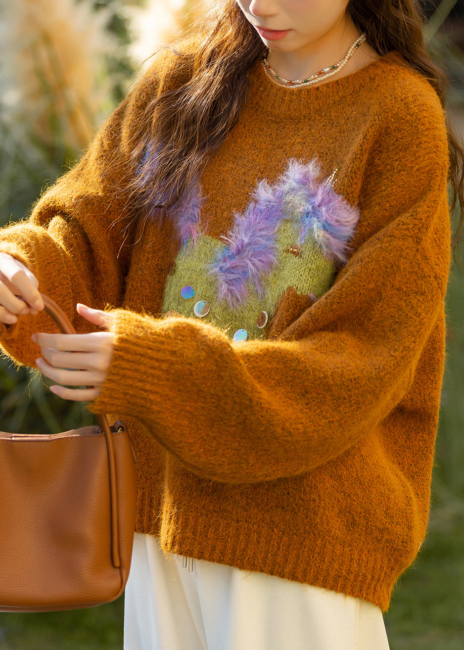 Novelty Orange O Neck Jacquard Sequins Knit Sweaters Spring