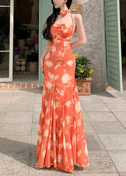 Novelty Orange Print Lace Up Chiffon Long Dresses Sleeveless