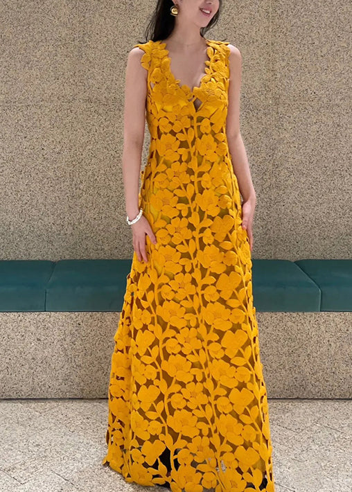 Novelty Orange V Neck Hollow Out Maxi Dresses Sleeveless