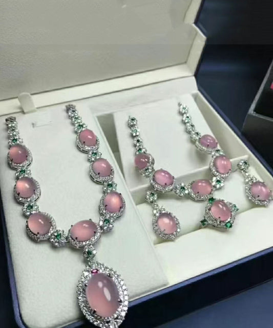 Novelty Pink Alloy Zircon Gem Stone Four-Piece Set Pendant Necklace