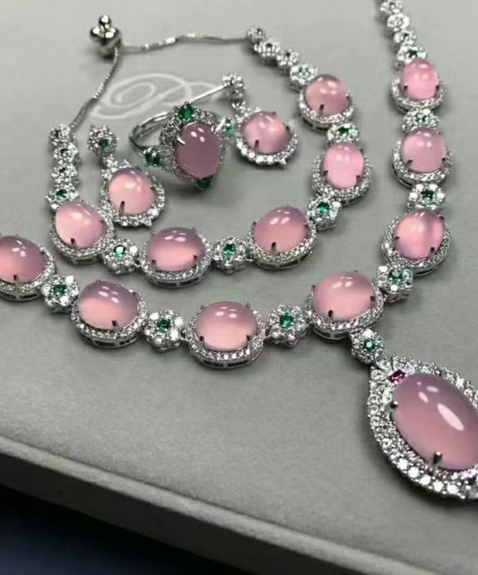 Novelty Pink Alloy Zircon Gem Stone Four-Piece Set Pendant Necklace