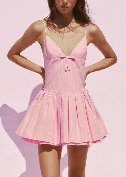 Novelty Pink Backless Striped Cotton Spaghetti Strap Dress Sleeveless
