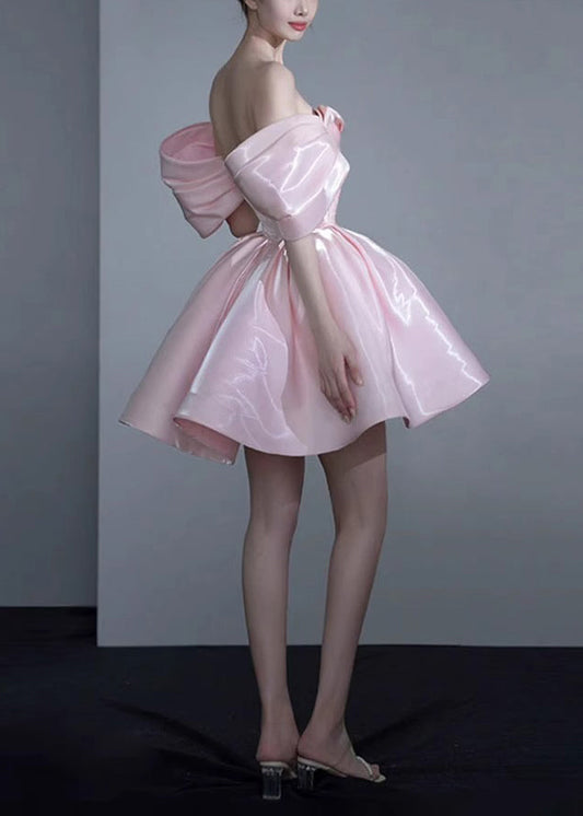 Novelty Pink Cold Shoulder Zippered Silk Princess Dresses Summer