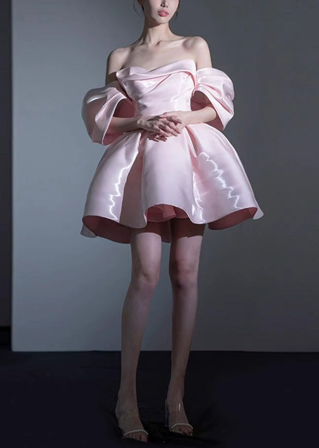 Novelty Pink Cold Shoulder Zippered Silk Princess Dresses Summer