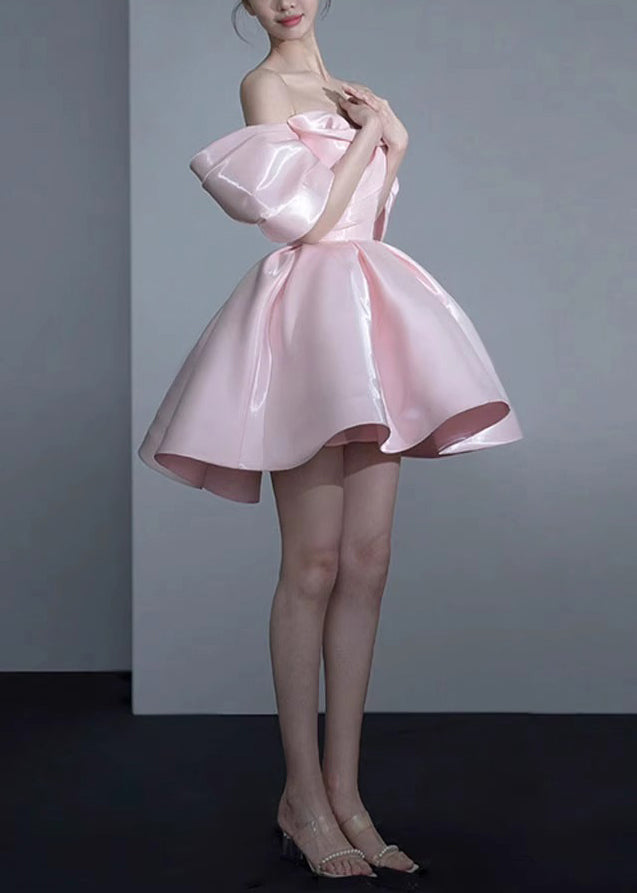 Novelty Pink Cold Shoulder Zippered Silk Princess Dresses Summer