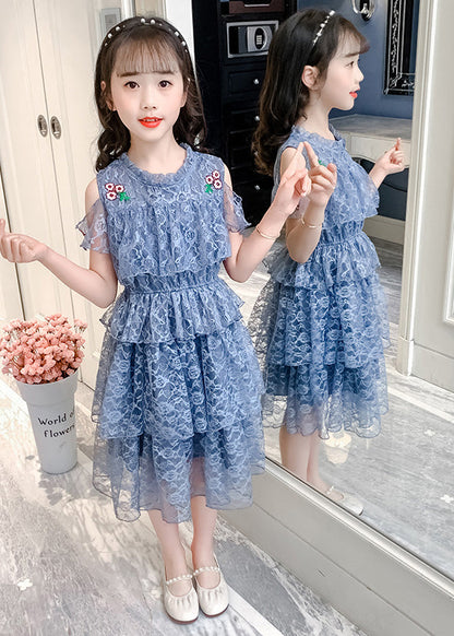 Novelty Pink O-Neck Ruffled Patchwork Floral Girls Long Dresses Short Sleeve