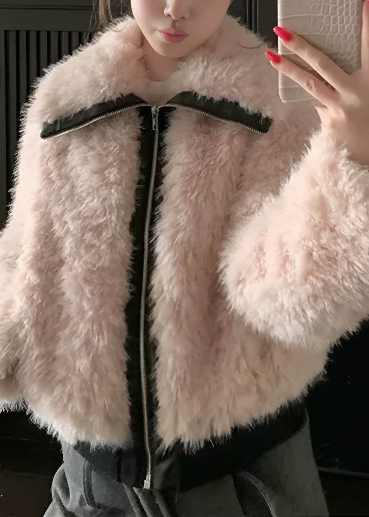 Novelty Pink Peter Pan Collar Patchwork Fuzzy Fur Coat Outwear Lantern Sleeve