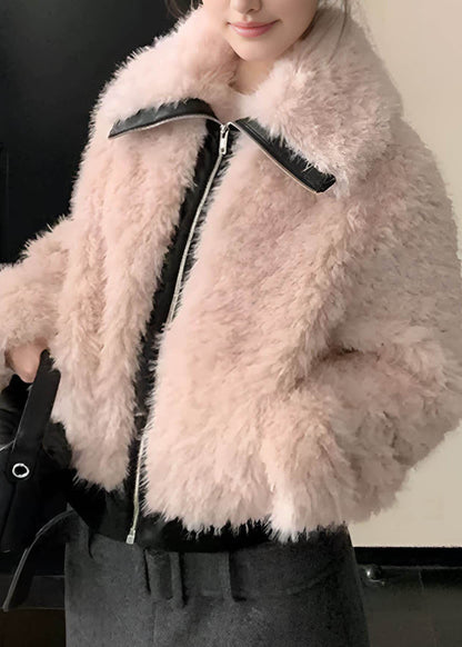 Novelty Pink Peter Pan Collar Patchwork Fuzzy Fur Coat Outwear Lantern Sleeve