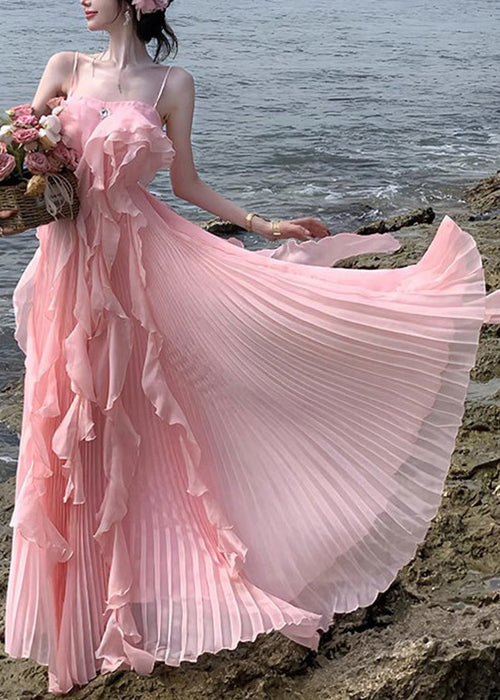 Novelty Pink Ruffled Solid Chiffon Spaghetti Strap Dress Sleeveless