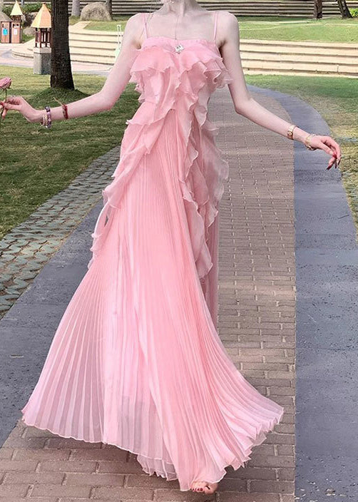 Novelty Pink Ruffled Solid Chiffon Spaghetti Strap Dress Sleeveless
