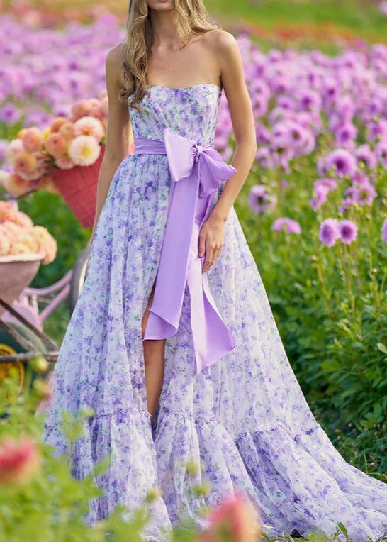 Novelty Purple Print Bow Side Open Maxi Dress Sleeveless