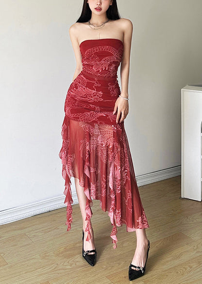 Novelty Red Backless Print Tulle Dress Sleeveless