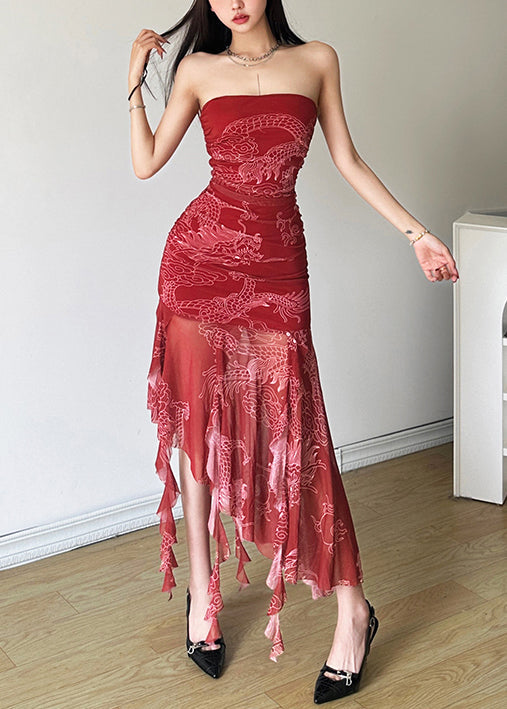 Novelty Red Backless Print Tulle Dress Sleeveless