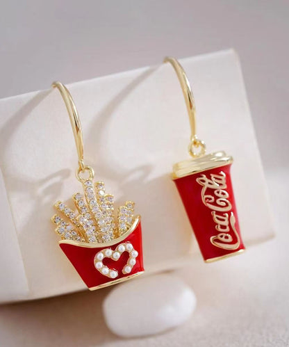 Novelty Red Copper Overgild Asymmetrical Cola And French Fries Drop Earrings
