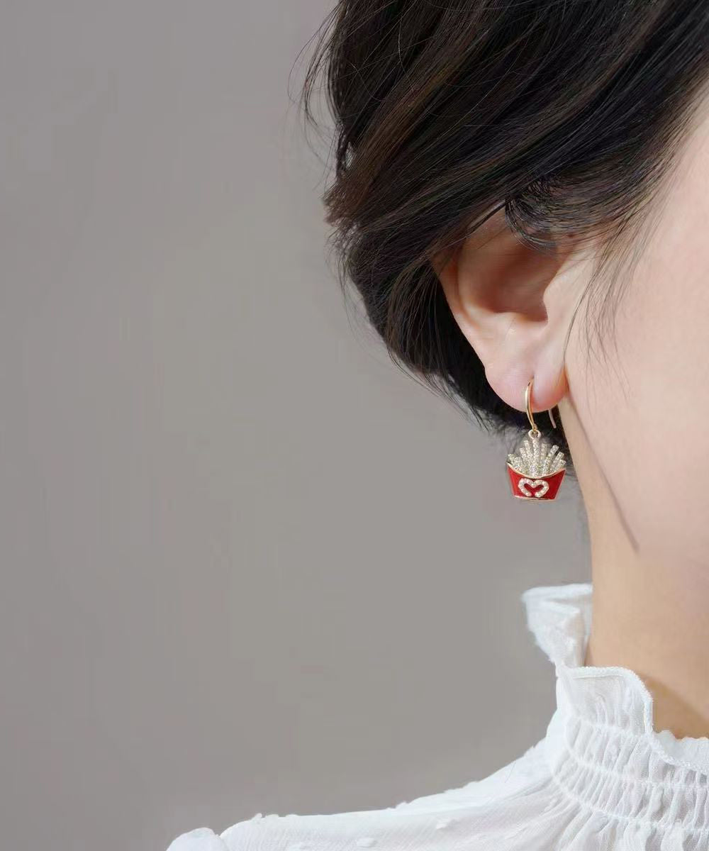 Novelty Red Copper Overgild Asymmetrical Cola And French Fries Drop Earrings