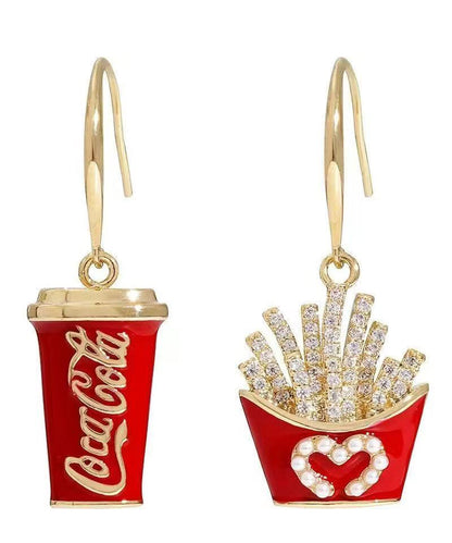 Novelty Red Copper Overgild Asymmetrical Cola And French Fries Drop Earrings
