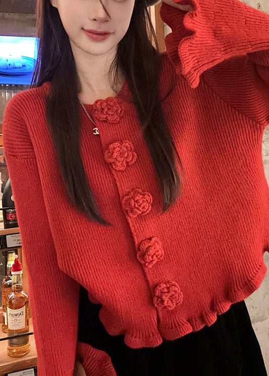 Novelty Red O Neck Floral Solid Knit Sweaters Fall