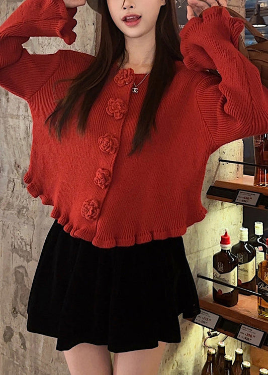 Novelty Red O Neck Floral Solid Knit Sweaters Fall