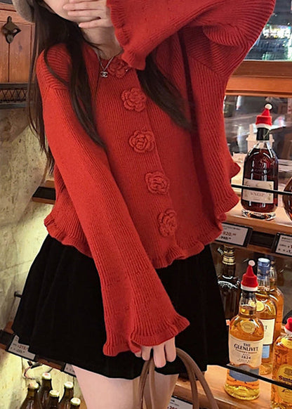 Novelty Red O Neck Floral Solid Knit Sweaters Fall