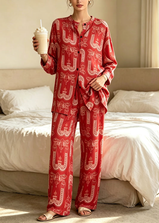 Novelty Red O-Neck Print Pajamas Two Pieces Set Fall