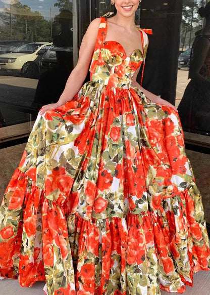 Novelty Red Print Bow Cotton Spaghetti Strap Dress Sleeveless