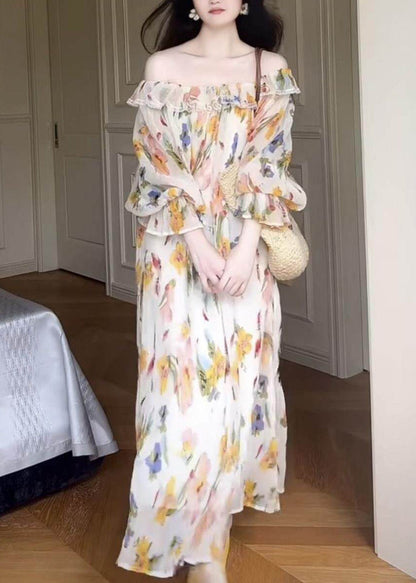 Novelty Slash Neck Chiffon Maxi Dress Patchwork Wrinkled Fall